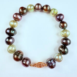 14K Yellow Gold Tahitian Baroque 9mm Cultured Black, Gray, Green Pearl Bracelet